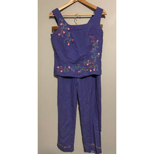 Vintage Womens Pant Set Size 8 Purple Floral Embroidered Romantic Cottagecore